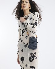 River Island Womens Crossbody Phone Bag Black Raffia Beaded Detail Strap