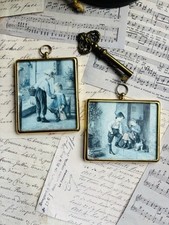 Peter Bates square Brass Miniature Frames  Victorian style pictures inside 