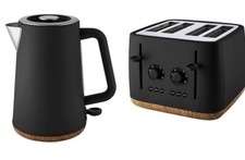 Matt Black Kettle & 4 Slice Toaster Set Matt Finish Scandi Wooden Effect
