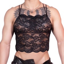 New Mens Floral Lace Spaghetti