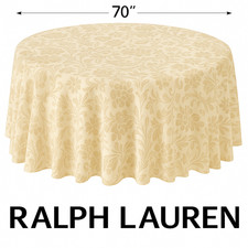 Ralph Lauren Round Tablecloth 70” Beige Floral Damask Fabric Elegant Dining Deco