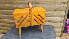 LARGE VINTAGE 60's WOODEN CANTILEVER SEWING BASKET BOX WITH LEGS FOLD OUT CRAFT