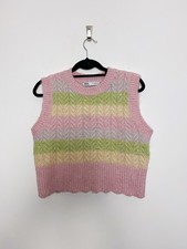 Zara Knitted Vest Size M Pink Pastel Stripe Patterned Crop Sleeveless Wool Blend