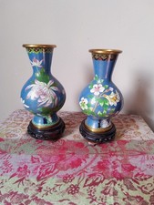 A Pair of Cloisonne Vases with Floral Design and Matching Stands Free P&P