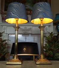 Brass Corinthian Column Antique/Vintage Style Lamp Pair + Lampshades