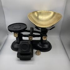 Vintage Victor England Black Cast Iron Balance Scales With Brass Pan & Weights