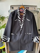 TEDDY BOY DRAPE JACKET . BLACK WITH ZEBRA VELVET ROLL COLLAR . SIZE 44 .