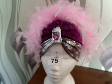 Pink/Silver Turban  with Pink feathers ONE SIZE