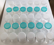 30 Small Clear Round EMPTY Plastic Bottles with lids Props Display ReUse