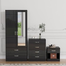 3 Piece Gloss Black Bedroom Furniture Bedside Table Wardrobe Set Chest of Drawer