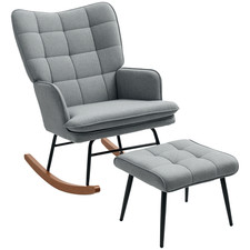 HOMCOM Rocking Chair with Footstool Fabric Wingback Chair for Bedroom Grey