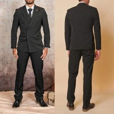 Men's Black Striped Suit Double Breasted Jacket Formal Business Style Blazer