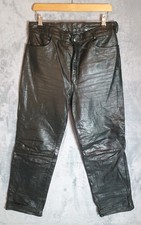 Men’s Black Genuine Leather Trousers W32 L28 Vintage Rock Biker Festival 