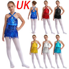 UK Girls Sequined Tassel Tango Latin Dance Dress Ballroom Samba Rumba Costumes