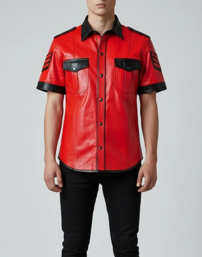 New men red leather shirt - new, shirt|