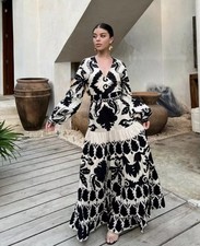 Zara Black Ecru Printed Tiered Smock Flare Belted Boho Long Maxi Dress XS UK 6 8