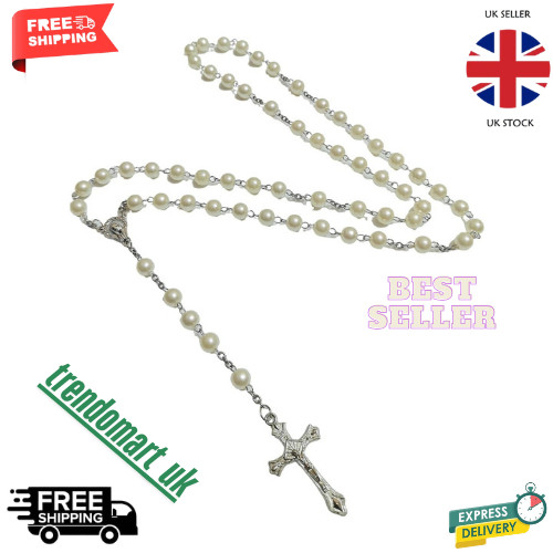 White glass rosary beads - white,