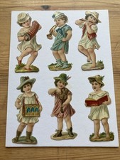 Victorian Scraps Young Boys In Hats Playing Musical Instruments x6 Hinged