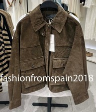 ZARA NEW WOMAN 100% LEATHER BOMBER JACKET KHAKI XS-XL 8073/253/505