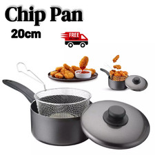 2PCS Frying chip Pan Set with Lid and Basket 20cm Non-Stick Coat Black Saucepan