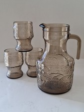 Fidenza Italy Pitcher Set Jug & 3 Smoked Glass Glasses Fruit Embossed Vintage 