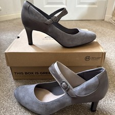 Clarks Ladies Dancer Reece Grey Leather Mary Jane Heeled Shoe 6 D / 39.5 NEW