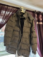 NVLTY Men's Grey Puffer Coat, Size Medium, Hooded with Paint Fleck Design