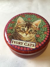 LESLEY ANNE IVORY CATS empty TIN, TABBY CAT, small ROUND CONTAINER & lid 1997