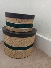 VTG Nesting & Stacking Baskets Lids Trined W/Faux Leather Set Of 2