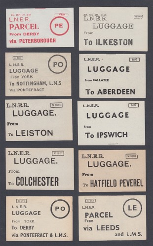 Ten old luggage labels - ten, all