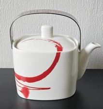 Square Large Teapot Paint it Red Fine China White with Red Metal Handle Unusual