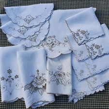 Vintage hand embroidered Table Linen, Napkins, Tray cloths, Mats, lot of 14