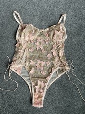Sexy Teddy Suit Lingerie Mesh With Gold Emboidery & Pink Flowers Uk SmallStretch