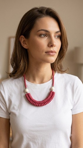 Red hand made macrame - , necklace