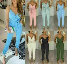 Women's V Neck Wrap Over Ankle Tie Waist Jumpsuit Ladies Harem Wide Leg Playsuit