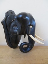 antique carved ebony elephant head wall hanging / plaque 6" high
