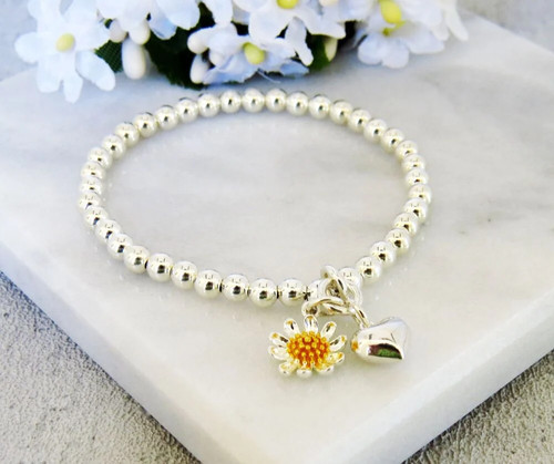 Silver daisy and heart charm - daisy,