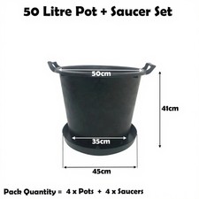 4 x 50 Litre Plant Pot With Saucer Heavy Duty Handles 50L Tree Lt Big Large