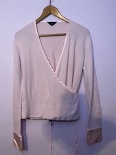 Pink Knit Ballet Wrap Cardigan Sz 14/M Satin Ties Cuffs Binding Fine Knit