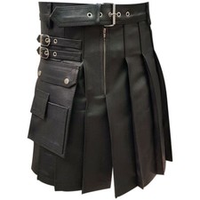 Men Scary Costumes Kilt Real Black Leather Gladiator Pleated Utility LARP