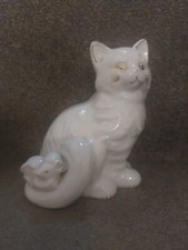 Vintage Large White Porcelain Sitting Cat With Sleeping Mouse In Hat Retro 14cm
