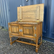 Vintage Old Charm Record Cabinet With Lifting Lid & Linenfold Cupboard Doors