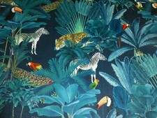 DARK BLUE Tropical Jungle Design Printed Velvet Curtain Cushion Fabric