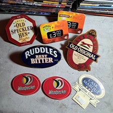 Beer pump clip badges: Brass 'Old Speckled Hen' & plastic others inc Everards