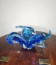 Vintage Freeform Blue Cased Art Glass Centrepiece Bowl