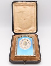 Antique Sterling Silver & Gilt Metal Blue Enamel Travel Clock Floral Dial Cased