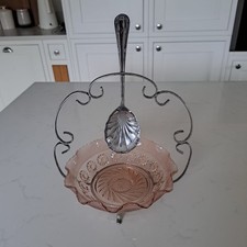 Vintage pink prunt glass trifle bowl and serving spoon with caddy & spoon holder