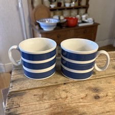 Vintage Pair Blue & White Banded Traditional Cornishware Style Drinking Mugs