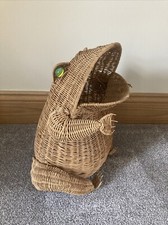 Vintage 70s Wicker Frog Waste Paper Bin/ Basket Glass Marble Eyes - Approx 41cm