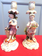 1880 Pair Of Antique Porcelain Sitzendorf Candlesticks Holders  Germany Meissen